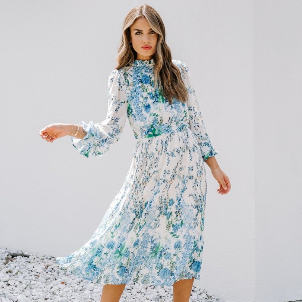 VICI tempe floral ruffle pleated midi dress M blue